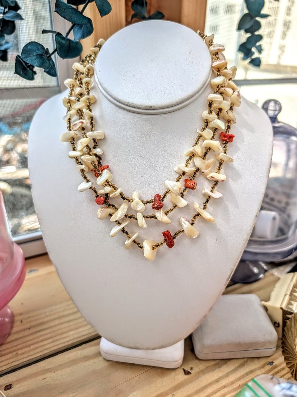 1960's Triple Strand Shell & Stone Beaded Necklace Coastal Style
